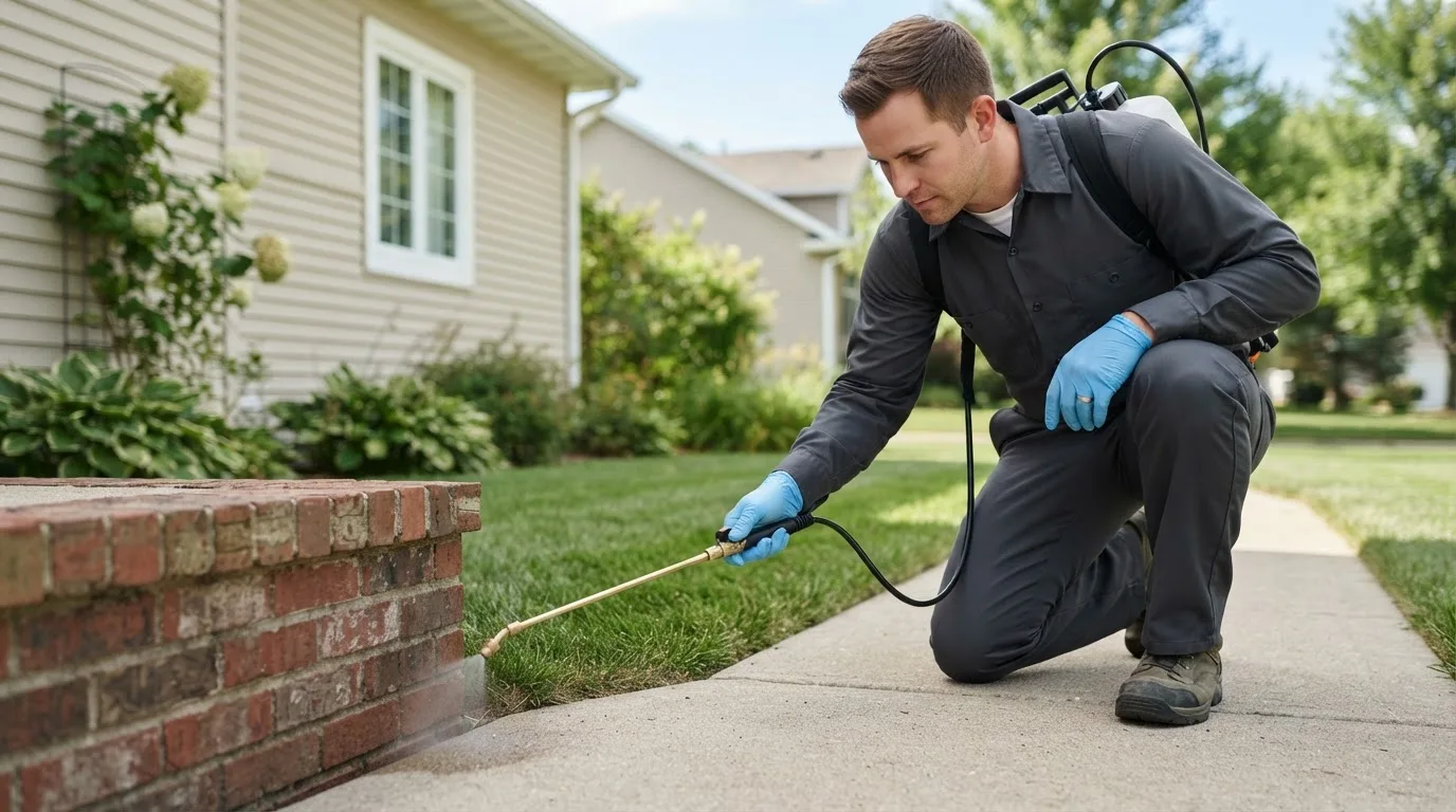 Pest control technician treating a home near Wauneta, NE