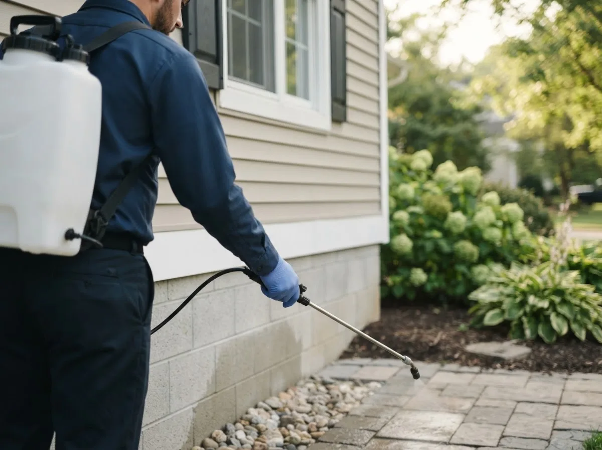 Pest control technician inspecting a home in Wauneta, NE